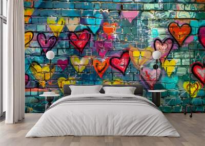 Urban graffiti art of vibrant hearts on brick wall Wall mural