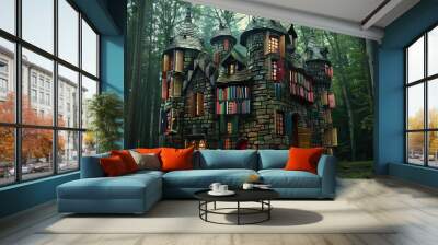 A castle made entirely of books, each window revealing different educational themes inside Wall mural