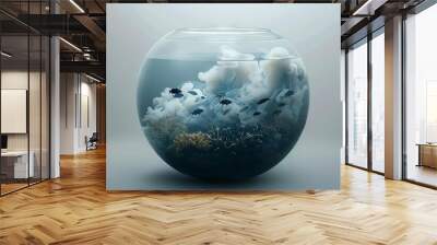 A conceptual artwork showing a fishbowl with smog instead of water, with fish swimming in polluted air Wall mural