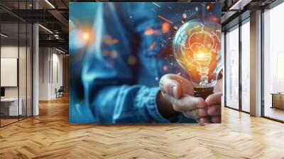 A hand holding a glowing light bulb surrounded by a globe representing global energy and technology Wall mural