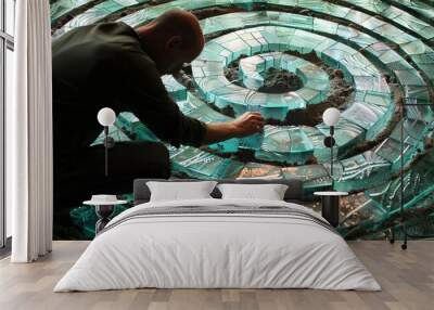 A visionary artist constructing a labyrinth from recycled glass and mirrors, creating an endless reflection Wall mural