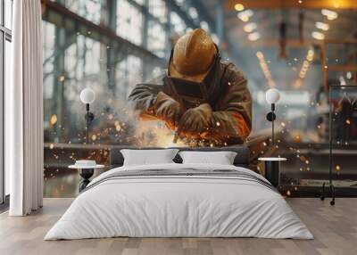 A welder works on a metal beam in a factory, sparks flying from his welding torch. Wall mural