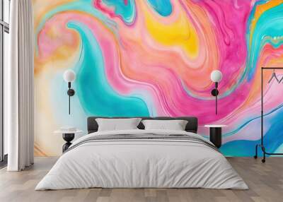 Abstract colorful background of acrylic paint in blue, yellow and pink colors. Wall mural