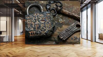 An ancient stone padlock and a wooden key, both covered in runes and mystical symbols Wall mural