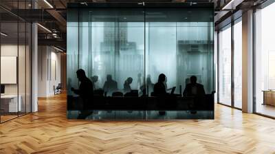 An office scene through frosted glass, silhouettes of people working and conversing, adding mystery to everyday life Wall mural