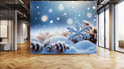 Beautiful decorative snowflakes in the snow against a blue natural background with falling snow and bokeh. Christmas winter background for design Wall mural