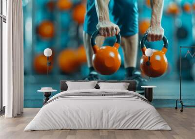 Close-up of a Man Holding Two Orange Kettlebells in a Gym Wall mural