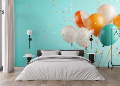 Colorful Balloons and Confetti on Turquoise Background Wall mural