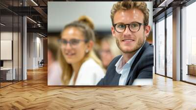 Confident Young Man in Glasses Smiling in a Business Meeting Wall mural