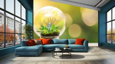 Green Plant Growing Inside Light Bulb on Wooden Table Wall mural