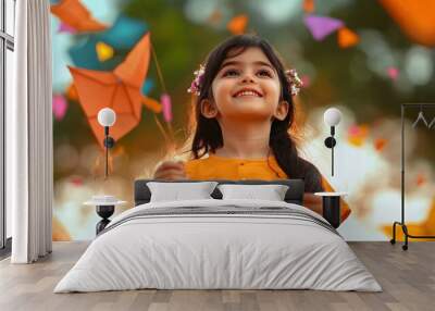 Happy Little Girl Playing With Kites Wall mural