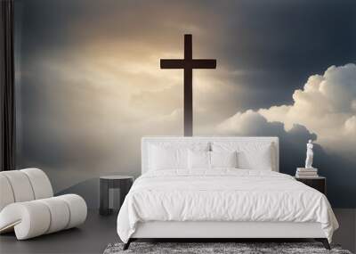 Jesus Christ cross. Easter, resurrection concept. Christian cross on mountain Wall mural