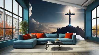 Jesus Christ cross. Easter, resurrection concept. Christian cross on mountain Wall mural