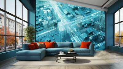 Smart Urban Planning: AI Algorithms Optimizing Traffic Flow and Public Transportation in a Modern Cityscape Wall mural