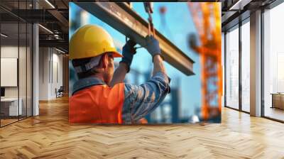 Structural Development: Crane lifting steel beams at construction site, workers in hard hats coordinating operations Wall mural