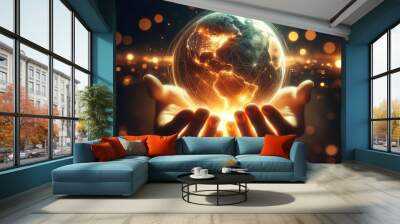 Warm hands tenderly holding a glowing globe against a dark knitted background, depicting care and global connection. Wall mural