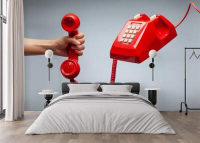 Hand holding telephone, classic red telephone receiver Wall mural