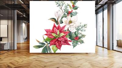 Beautiful floral christmas composition with hand drawn watercolor winter flowers such as red poinsettia holly. Stock 2022 winter illustration. Wall mural