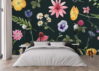 Beautiful floral summer seamless pattern with watercolor hand drawn field wild flowers. Stock illustration. Wall mural