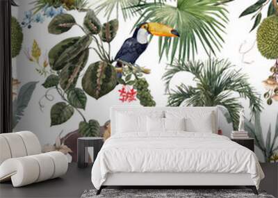 Beautiful seamless tropical floral pattern with hand drawn watercolor exotic jungle palm trees and animals. Toucan monkey and paradise bird. Stock illustration. Wall mural