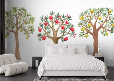 Beautiful set with cute watercolor fruit trees. Stock illustration. Wall mural