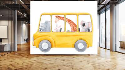 Beautiful stock illustration with cute hand drawn watercolor bus with animals. Rhino giraffe rabbit koala. Little friends. Wall mural