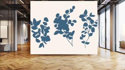 Beautiful vector floral set with hand drawn shadow plant branches with leaves silhouette. Stock illustration. Wall mural