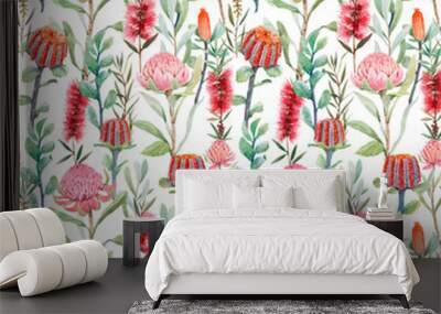 Beautiful vector seamless floral pattern with watercolor summer protea and australian banksia flowers. Stock illustration. Wall mural