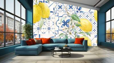 Beautiful vector seamless pattern in Sicilian style with hand drawn watercolor lemons and blue tiles. Stock illustration. Wall mural