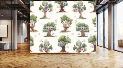 Beautiful vector seamless pattern with cute watercolor children tree houses. Stock illustration. Wall mural