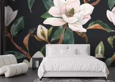 Beautiful vector seamless pattern with hand drawn watercolor white magnolia flowers. Stock illustration. Wall mural