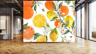 Beautiful vector seamless pattern with watercolor hand drawn citrus orange lemon grapefruit fruits. Stock illustration. Wall mural