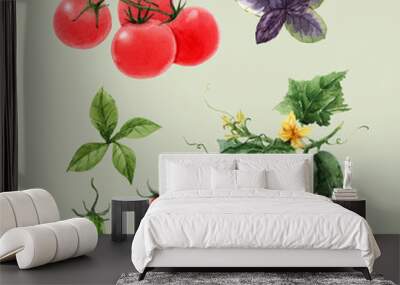 Beautiful vector set with watercolor hand drawn tomato and cucumber paintings. Stock illustration. Wall mural