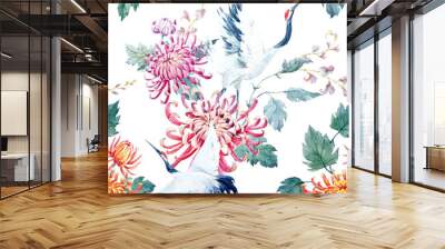 Watercolor crane pattern Wall mural