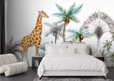 Watercolor safari animals with tropical palms composition. African giraffe, elephant. Wall mural