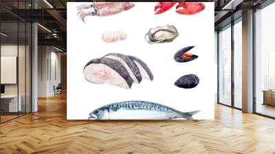 Watercolor sea food set Wall mural