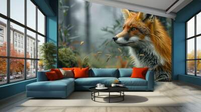 A fox is standing in a forest with a mossy ground Wall mural