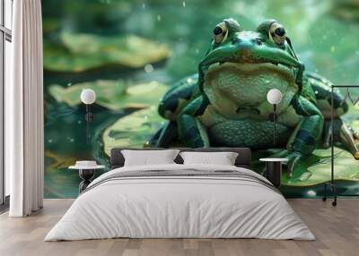 A frog is sitting on a leaf in a pond. The pond is surrounded by green leaves and the water is calm Wall mural