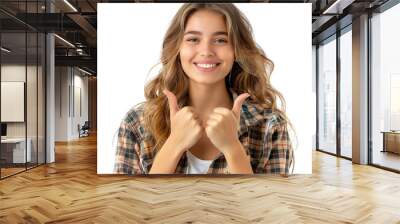 A girl with long hair is smiling and giving a thumbs up Wall mural