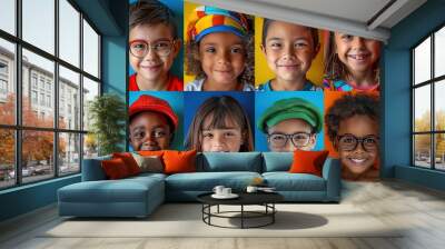 A group of children with different colored hair and glasses are smiling for the camera. Concept of unity and diversity among the children, as they all have different features and styles Wall mural