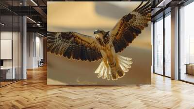 A large bird with a brown and white body flies through the air Wall mural