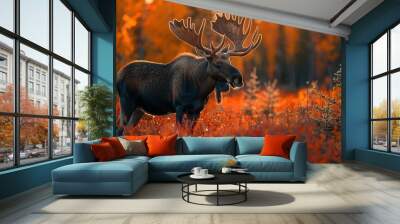 A large moose is standing in a field of red leaves Wall mural