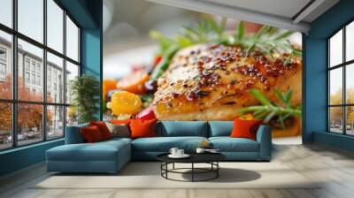 A plate of food with a piece of chicken and vegetables Wall mural