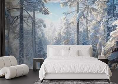 A snowy forest with a path through it Wall mural