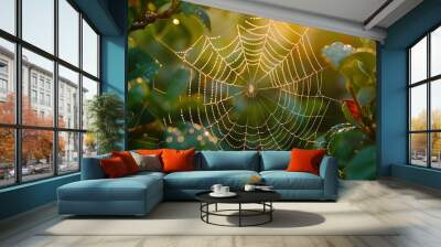 A spider web is seen in the middle of a lush green bush Wall mural