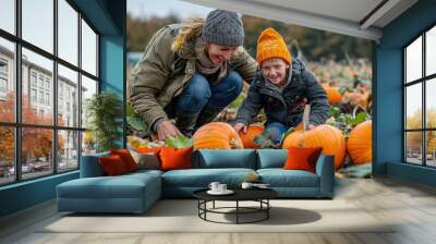 A woman and a child are playing in a pumpkin patch Wall mural