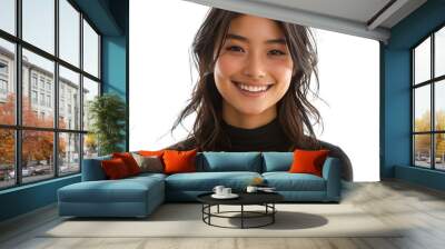 A young asian woman with long hair and a black shirt is smiling Wall mural