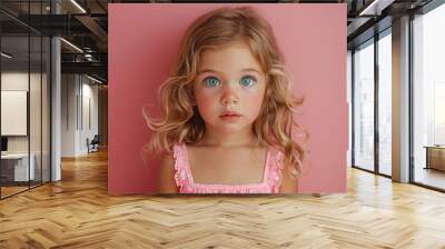 A young girl with blonde hair and blue eyes is wearing a pink tank top. She is looking directly at the camera with a surprised expression on her face Wall mural