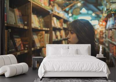 Asian woman is browsing through a library, looking at the books on the shelves Wall mural