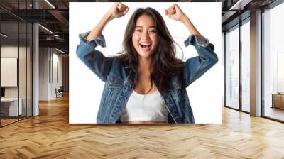 Closeup portrait of happy asian girl celebrating with enthusiastic smile and pumped fists dressed in denim top isolated on transparent background Wall mural